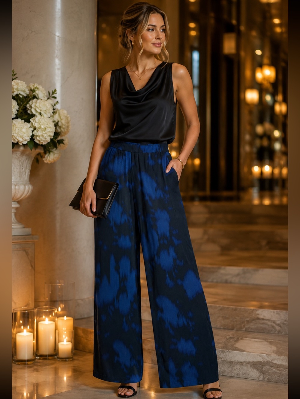 Alpha Studio Black & Blue Wide leg Silky Pants Relaxed Fit Made in Italy